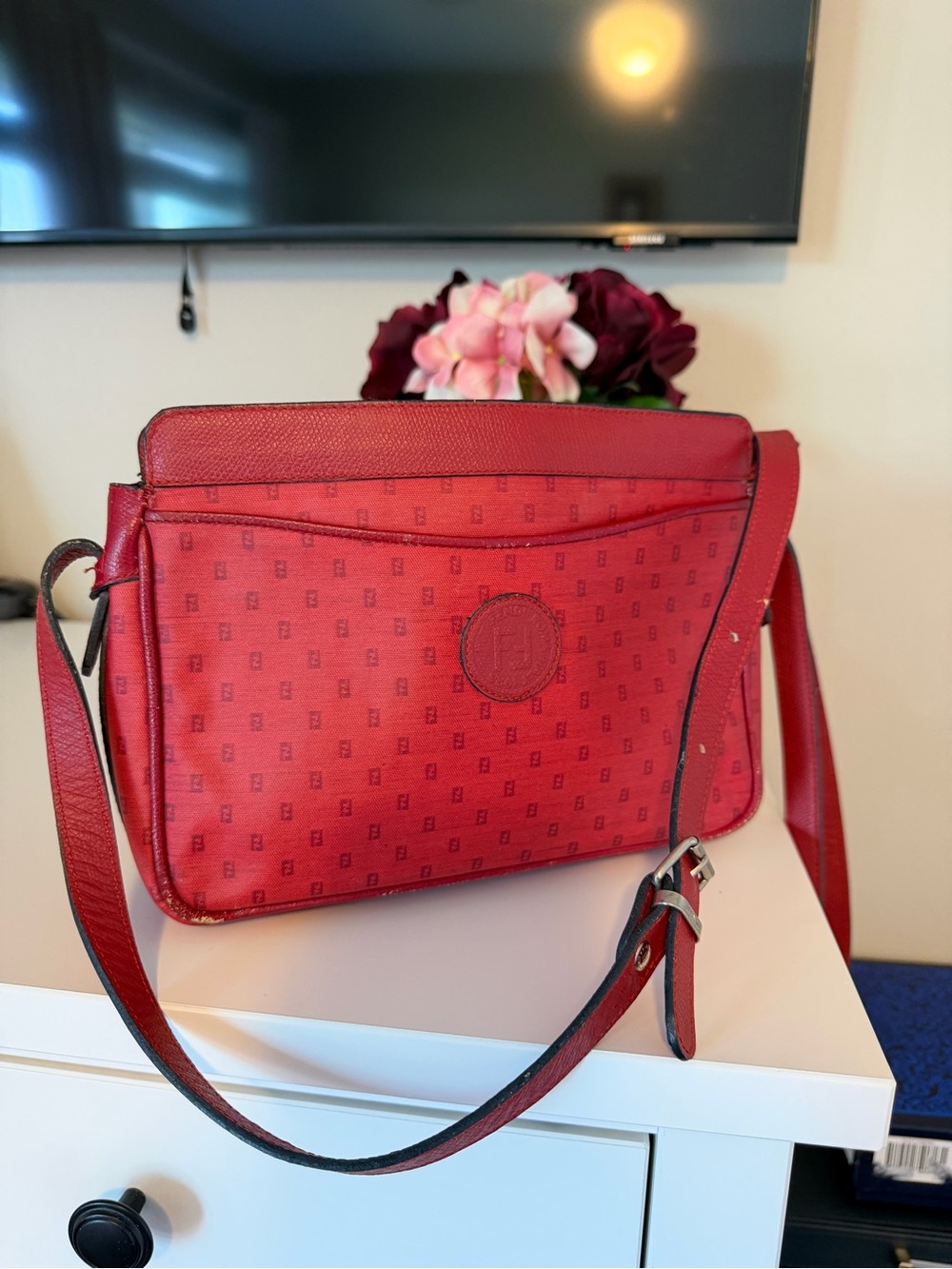 RARE Vintage FENDI S.A.S. Red Textured Leather Shoulder Bag Satchel Italy